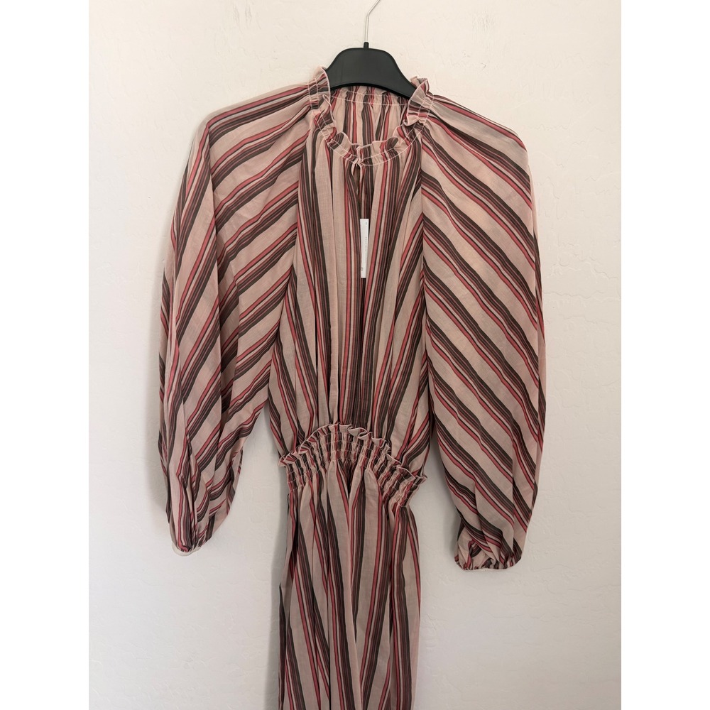 Longchamp Striped Silk Blend Smocked Waist Balloon Sleeve Mini Dress Pink Size 8 - Picture 2 of 10